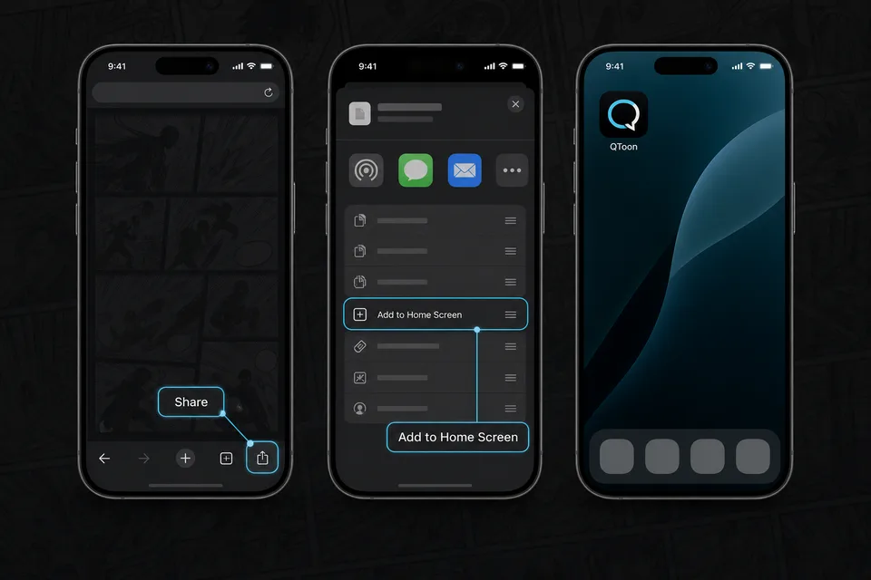 iOS share menu showing Add to Home Screen for QToon